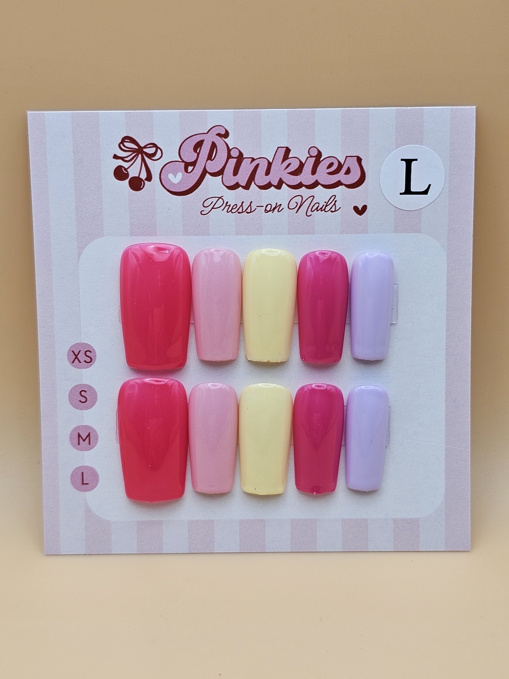 Press-on Nails Set 10pc Size L Square Rainbow Multicolor Pink Purple Yellow